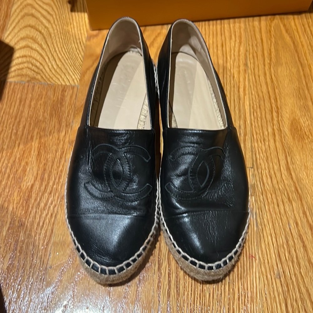 Chanel black leather espadrilles